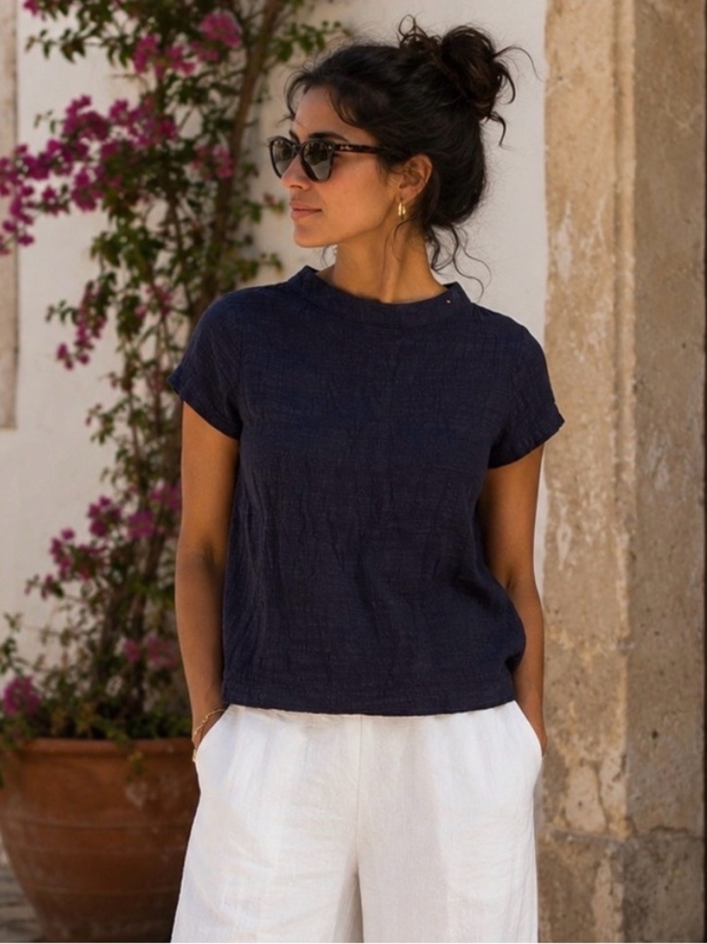 Mo Vint Linen Blend Textured  Top XS Navy Minimalist Coastal Capsule Wardrobe